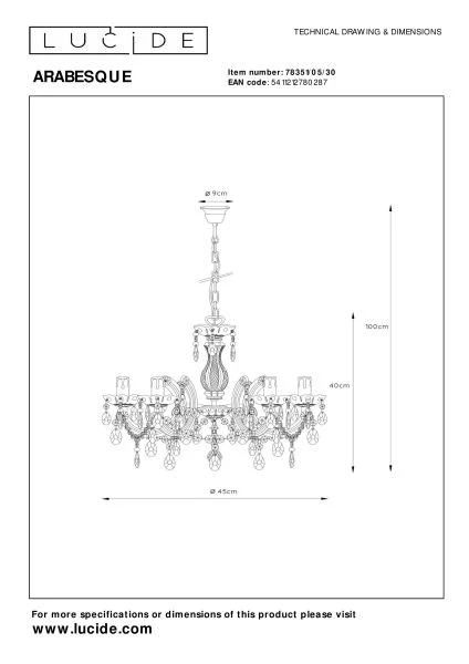 Lucide ARABESQUE - Kroonluchter - Ø 45 cm - 5xE14 - Zwart - technisch